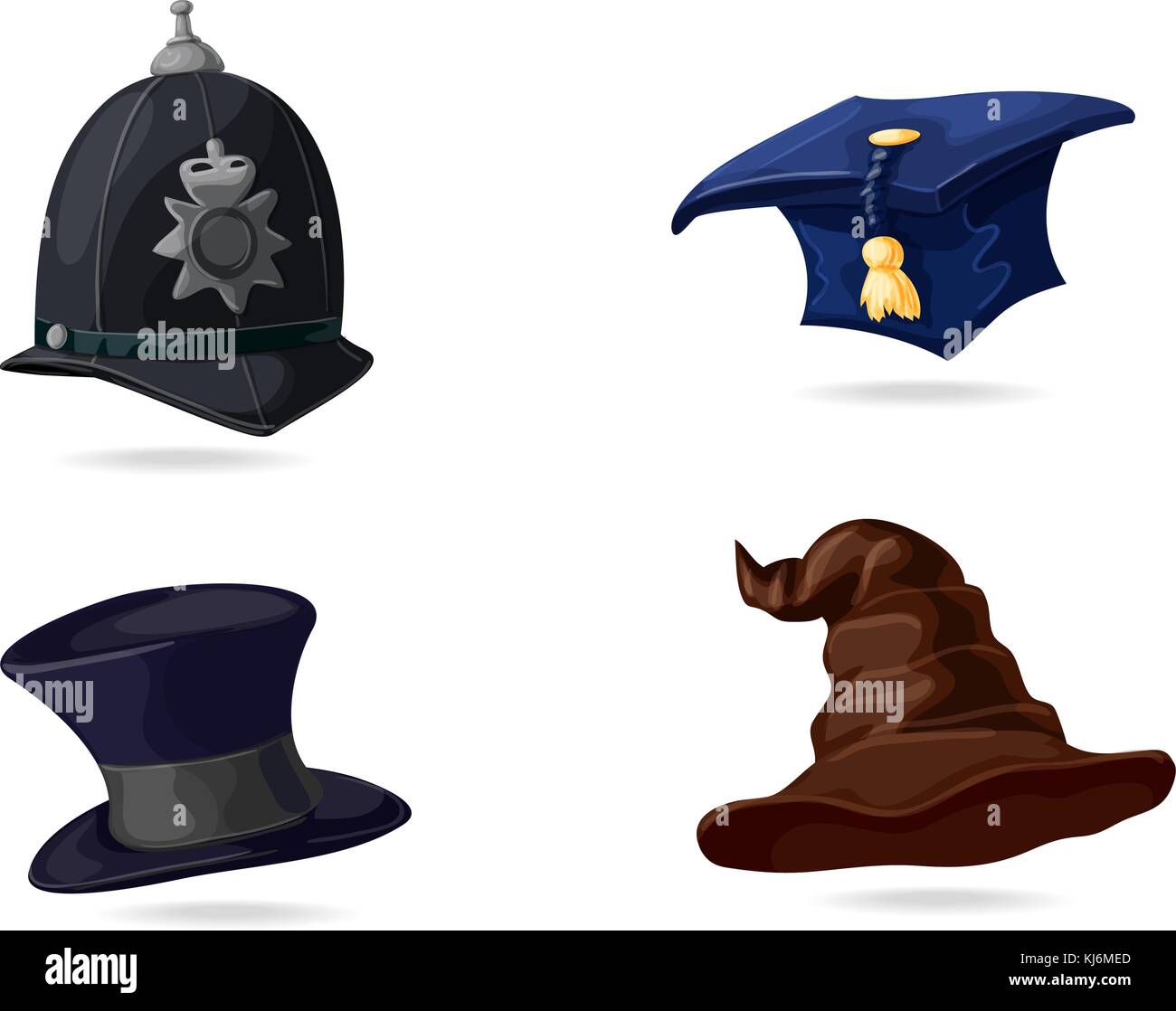 Design Sammlung von Englisch Kopfbedeckungen. Traditionelle Helm des Metropolitan Britische Polizisten. Blaue Graduierung Kappe mit gold Quaste. Der schwarze Hut eines Gentleman. Hexenhut für Halloween. Vector Illustration. Stock Vektor