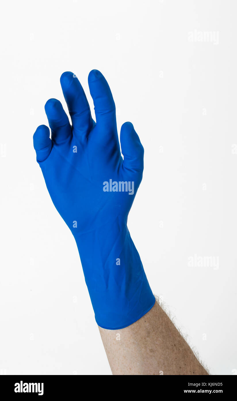 Blau Handschuh behandschuhte Hand Öffnen Sie Palm Stockfoto