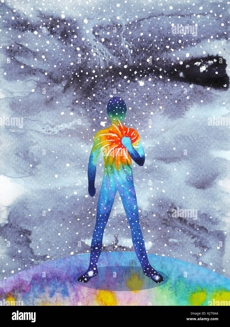 Mensch und Universum macht, Aquarell Malerei, Chakra, Reiki, Inspiration, abstrakte Gedanken, Welt, Universum innerhalb Ihres Verstandes Stockfoto