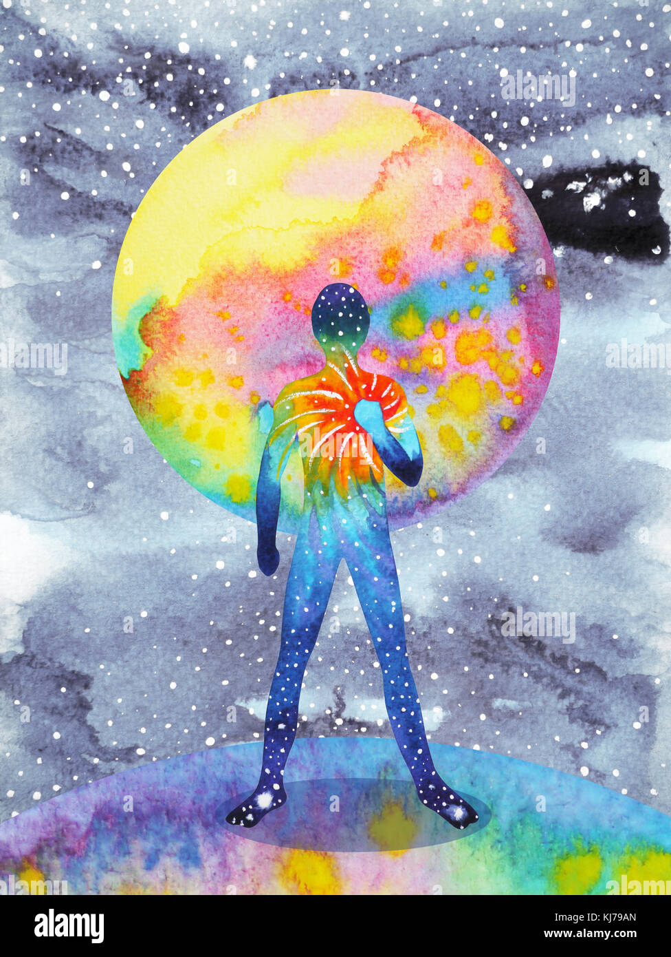 Mensch und Universum macht, Aquarell Malerei, Chakra, Reiki, Inspiration, abstrakte Gedanken, Welt, Universum innerhalb Ihres Verstandes Stockfoto