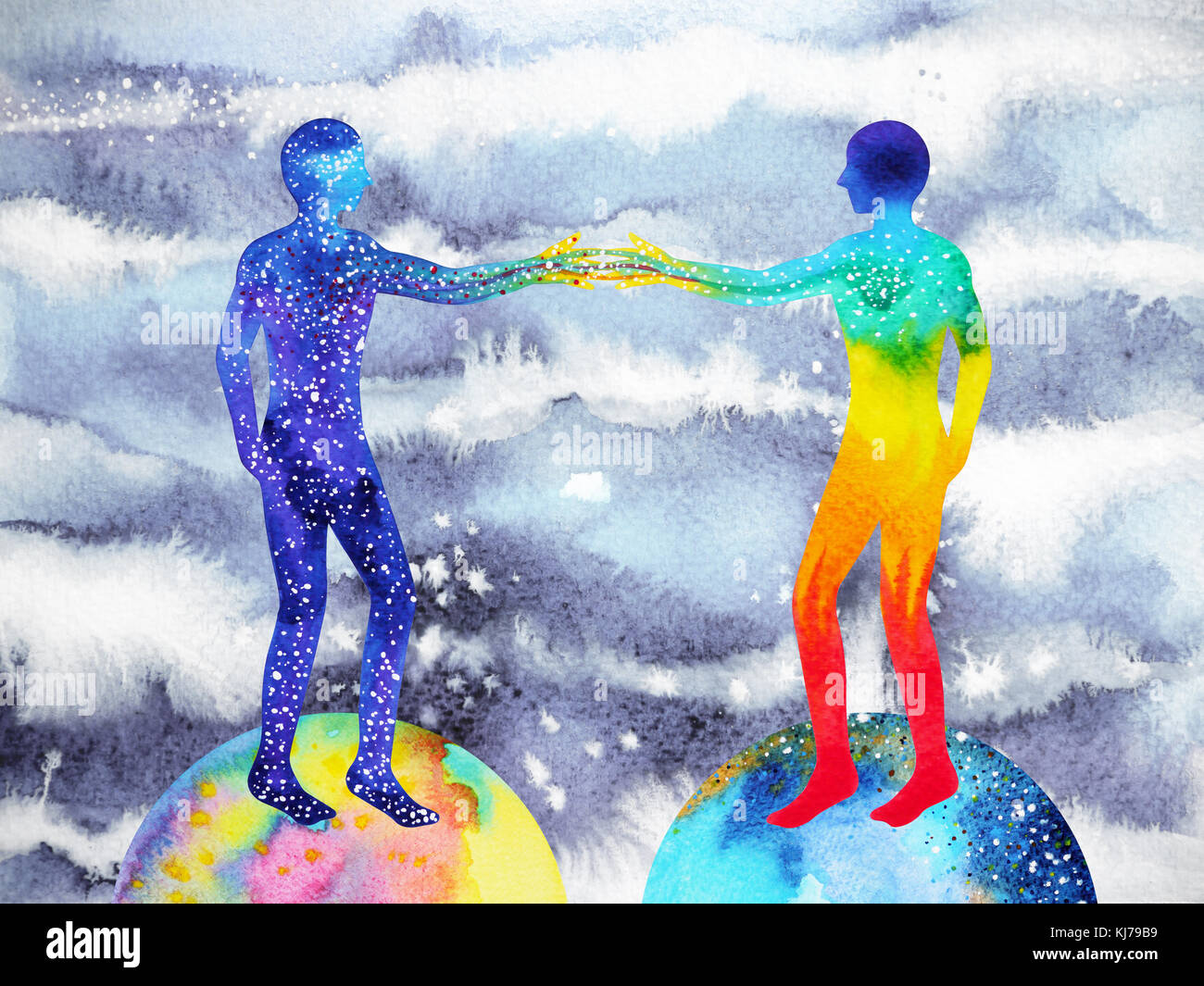 Mensch und Universum macht, Aquarell Malerei, Chakra, Reiki, mastermind abstrakten Gedanken, Welt, Universum innerhalb Ihres Verstandes Stockfoto