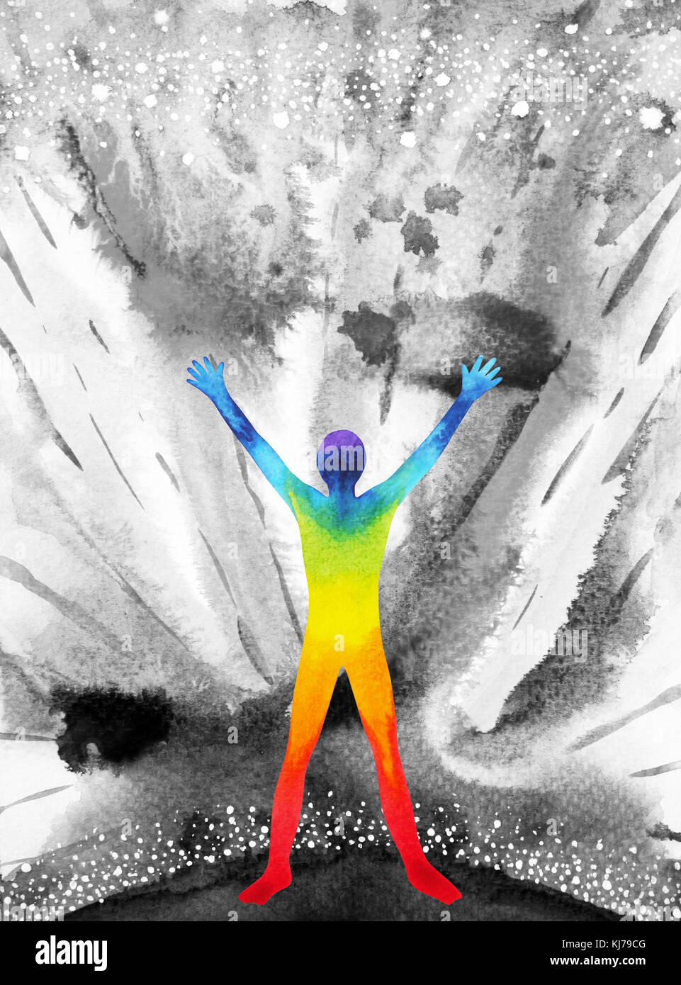 Mensch und Universum macht, Aquarell Malerei, Chakra, Reiki, Inspiration, abstrakte Gedanken, Welt, Universum innerhalb Ihres Verstandes Stockfoto