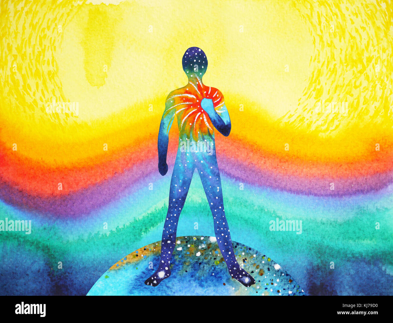 Mensch und Universum macht, Aquarell Malerei, Chakra, Reiki, Inspiration, abstrakte Gedanken, Welt, Universum innerhalb Ihres Verstandes Stockfoto