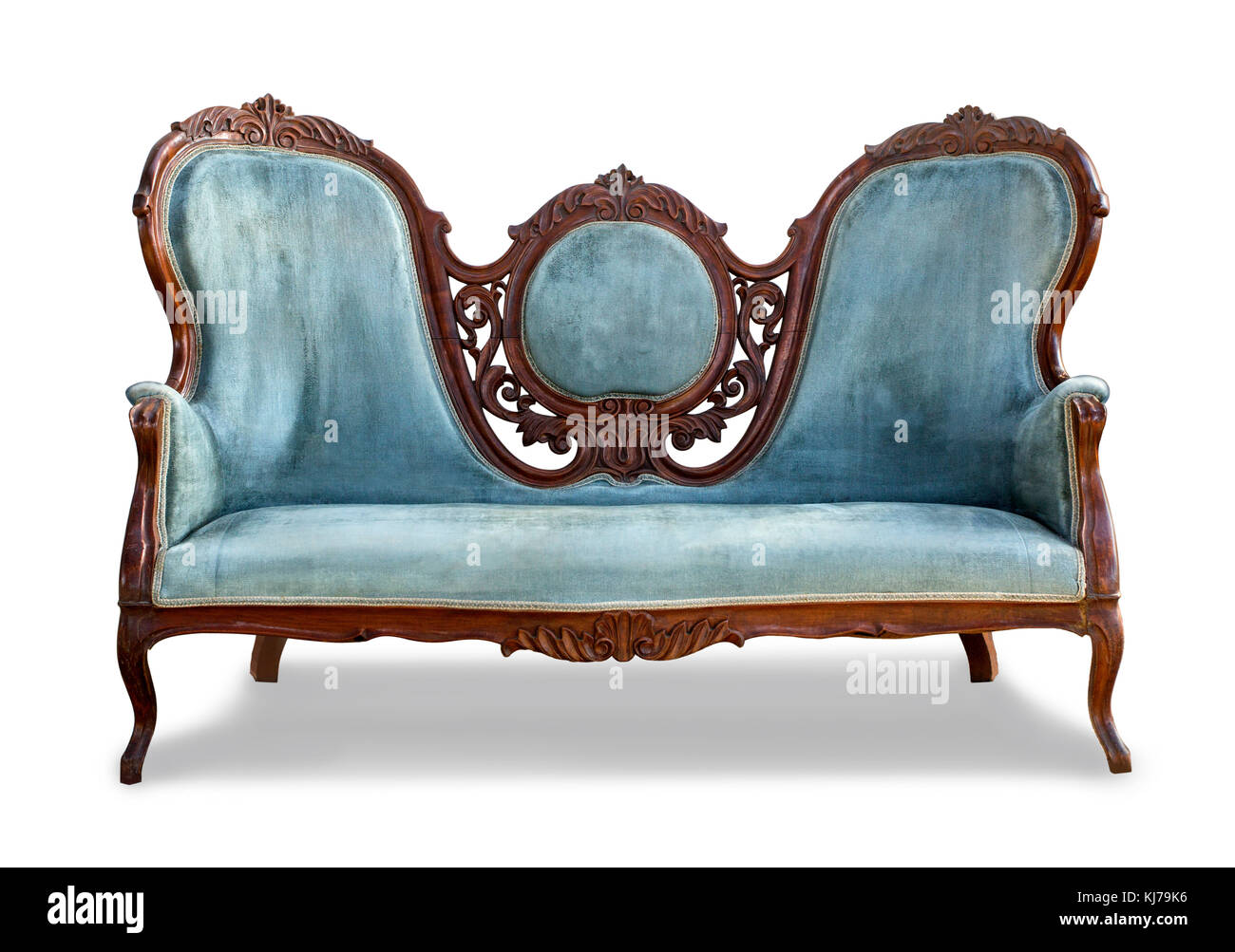 Blue vintage Sofa auf weißem Hintergrund mit Freistellungspfad Stockfoto