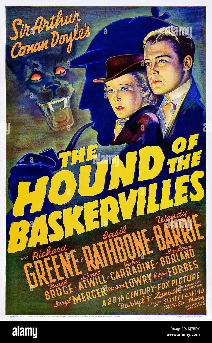Der Hund der Baskervilles (1939) Regie: Sidney Lanfield und Hauptdarsteller Basil Rathbone, Nigel Bruce, Richard Greene, Wendy Barrie. Sherlock Holmes und Dr. Watson die Legende eines übernatürlichen Hound auf Dartmoor in diese Anpassung von Sir Arthur Conan Doyle's Roman untersuchen. Stockfoto