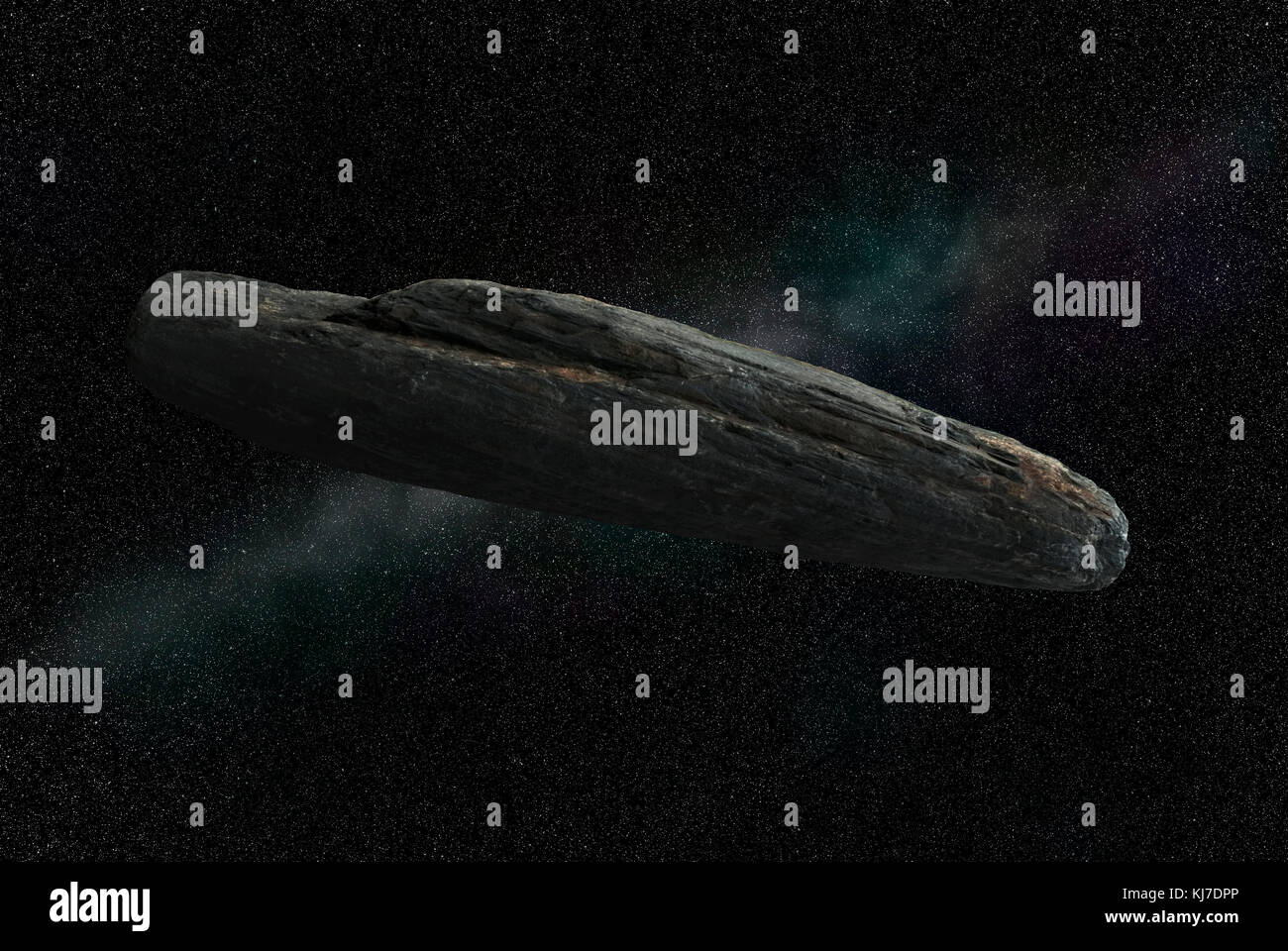 Längliches Kopfsteinpflaster, isoliert auf schwarzem Hintergrund, der den Raum darstellt - ein spekulatives Bild des ersten bestätigten interstellaren Asteroiden Oumuamua Stockfoto