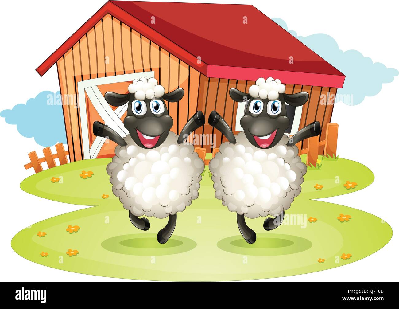 Abbildung: Die zwei schwarze Schafe mit einer Scheune an der Rückseite auf weißem Hintergrund Stock Vektor