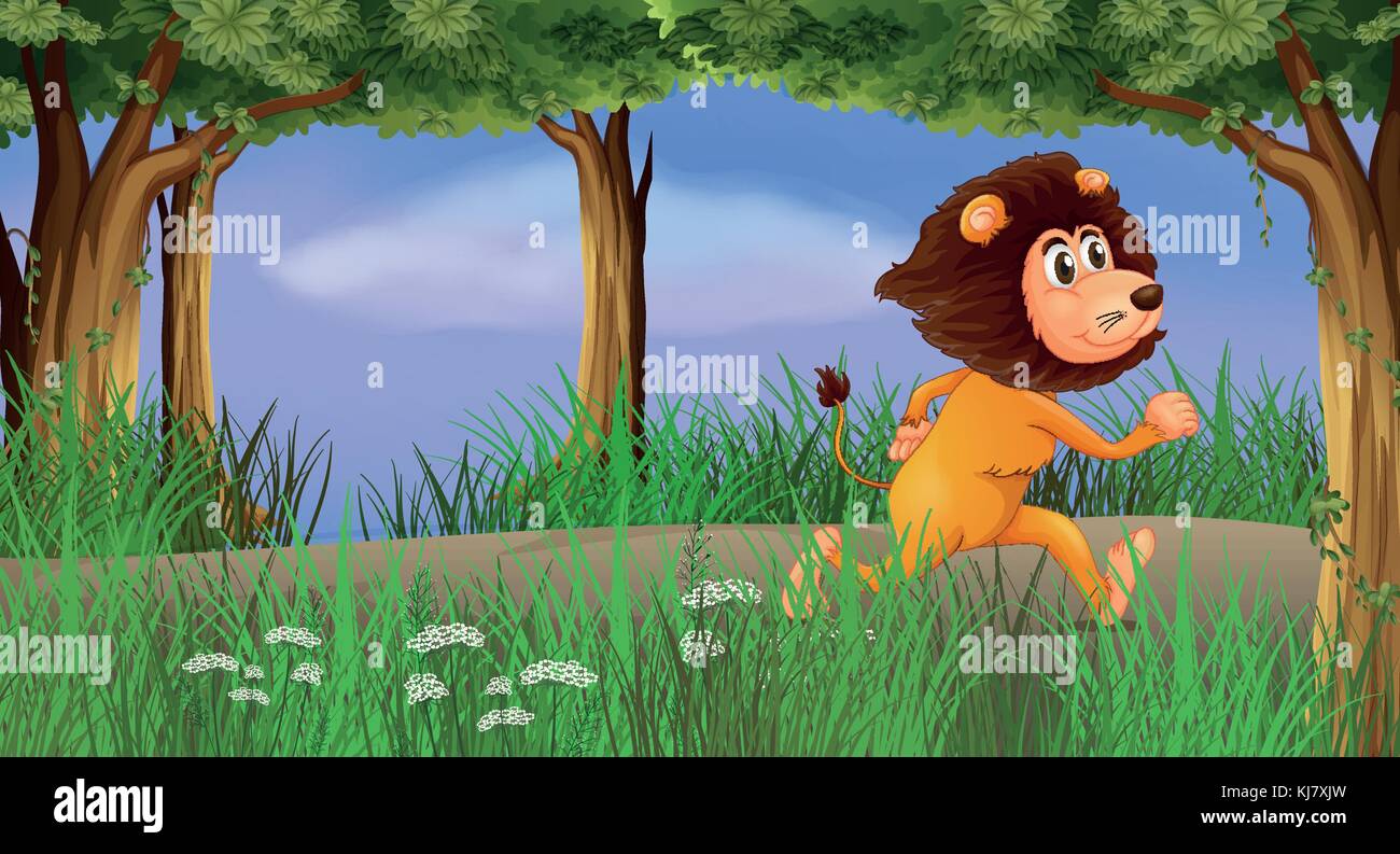 Abbildung: ein Löwe, der Spaziergang im Wald allein Stock Vektor