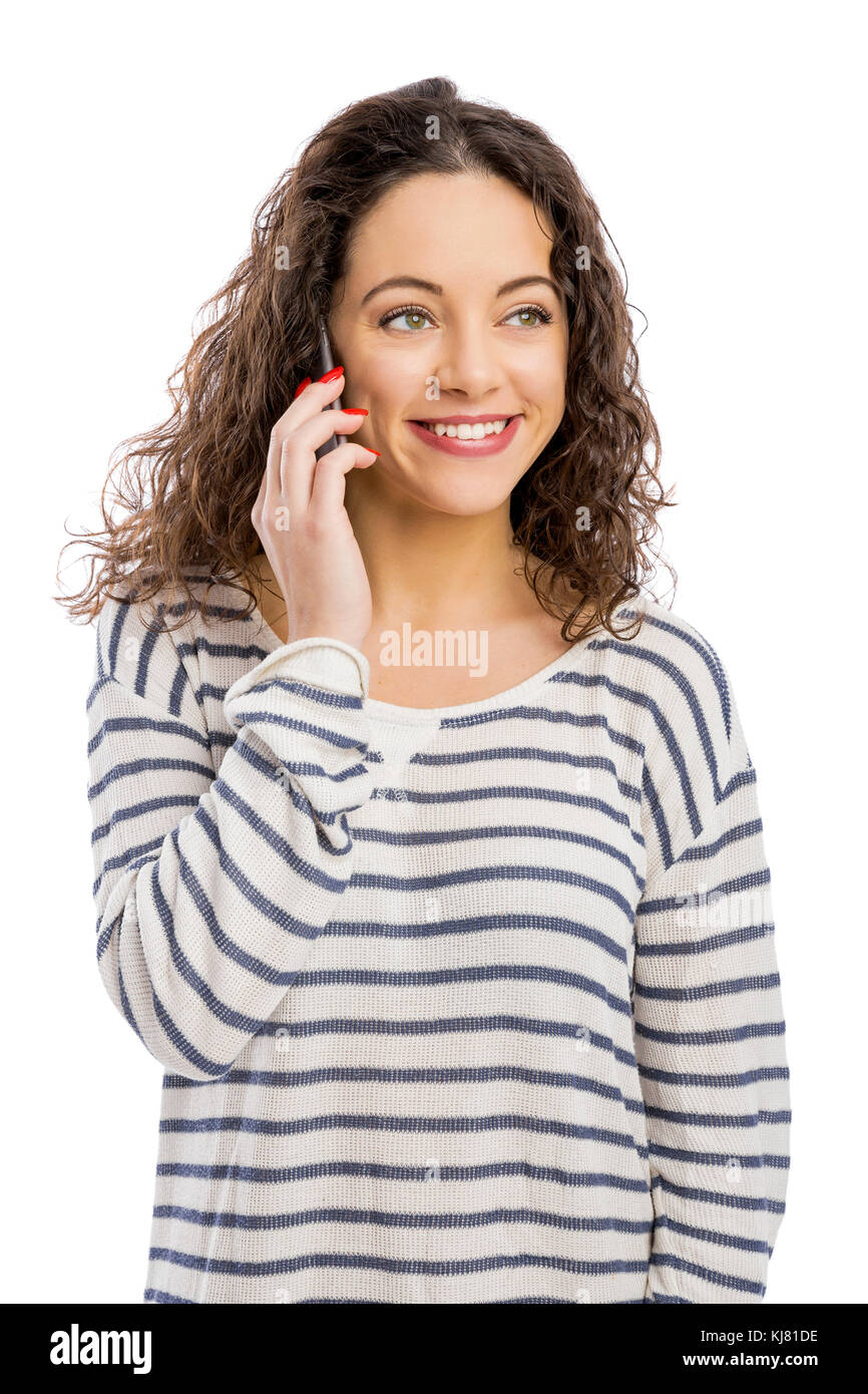Schöne Mädchen telefonieren, isoliert auf weißem Hintergrund Stockfoto
