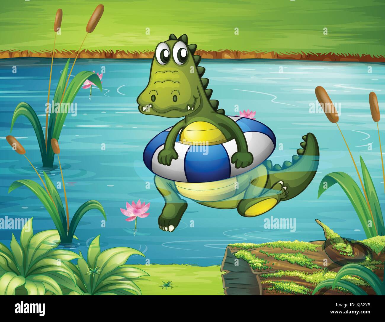 Abbildung: ein Krokodil am Fluss mit einer Boje Stock Vektor