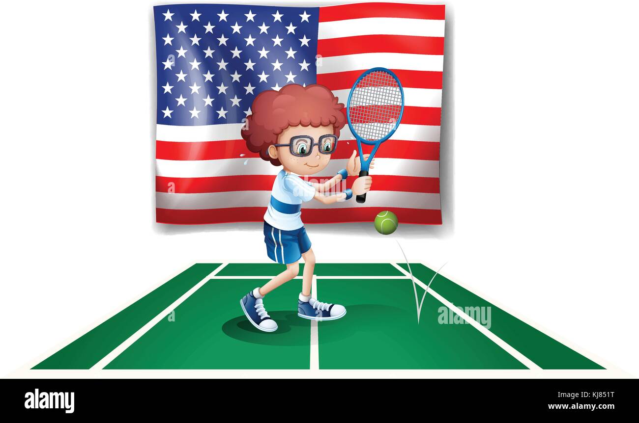 Abbildung: ein tennisspieler vor der USA-Flagge auf weißem Hintergrund Stock Vektor