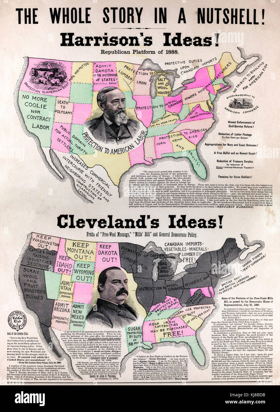 Die ganze Geschichte in Kürze! Harrison's Ideen! Cleveland's Ideen! Grover Cleveland - Benjamin Harrison Präsidentschaftswahlen (1888) Plakat über die Handelspolitik der beiden Kandidaten. Die Karte unterstützt die Arbeit der Harrison Kampagne. Stockfoto