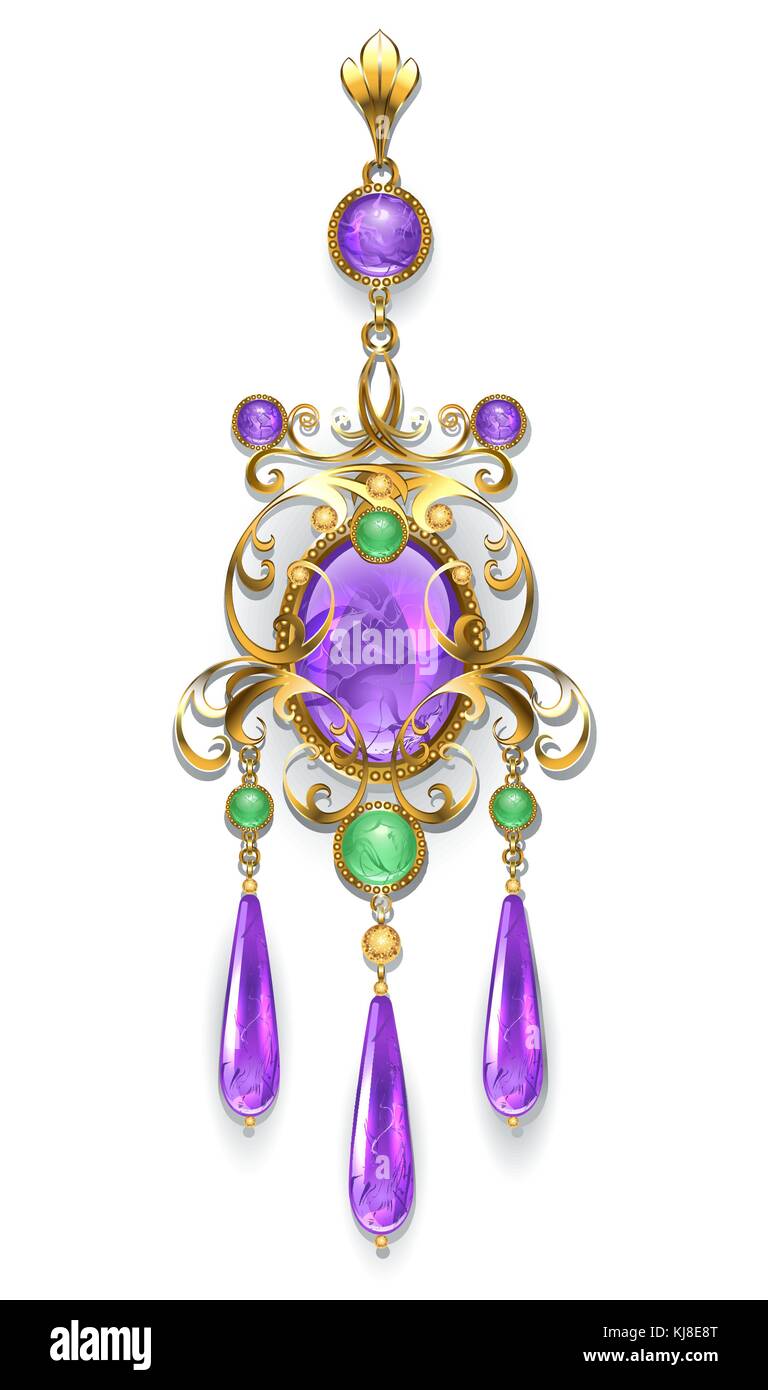 Gold Brosche, mit Amethysten und chrysopras auf weißem Hintergrund eingerichtet. design schmuck. Stock Vektor