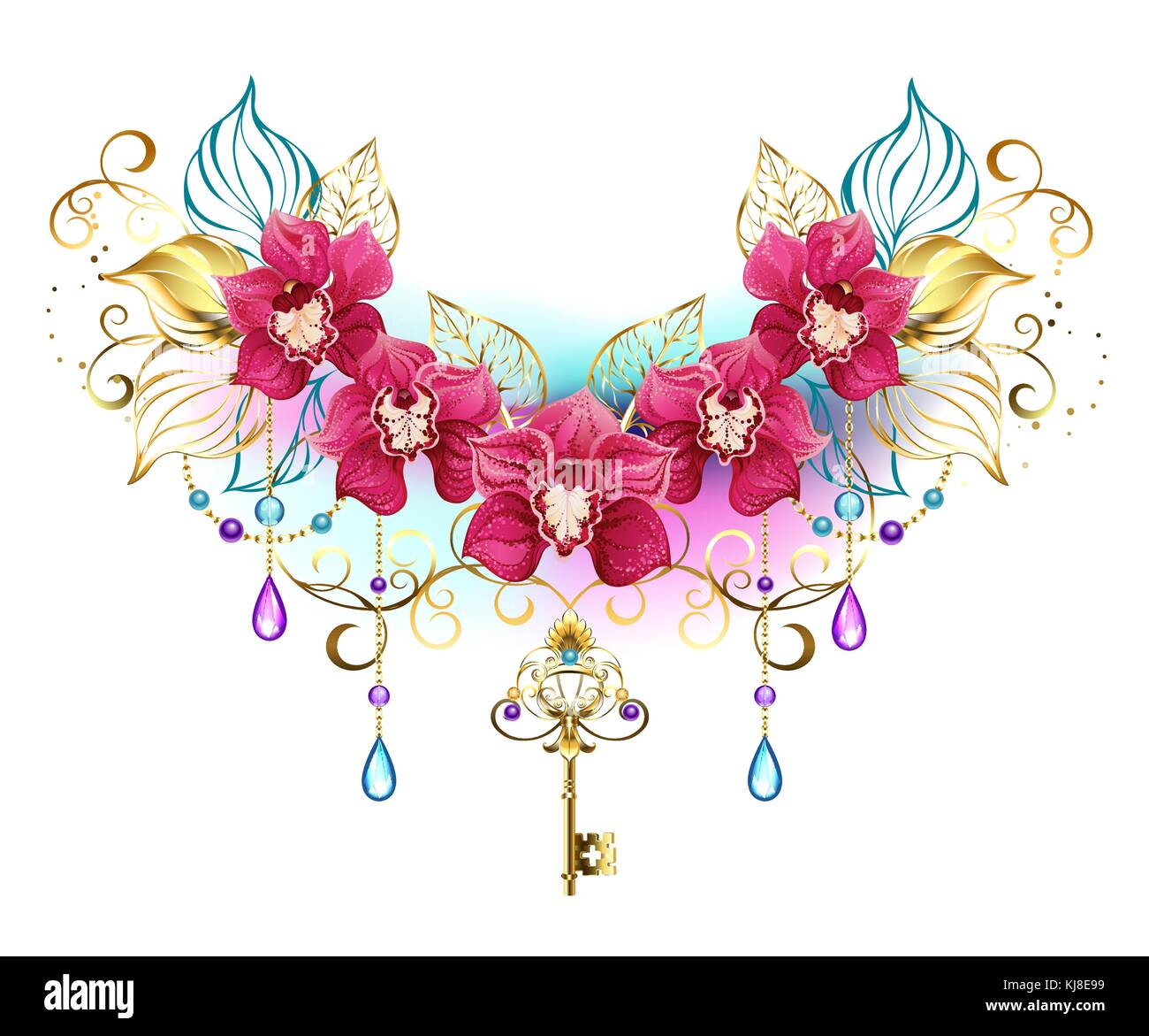 Symmetrische Komposition exotischer rosa Orchideen mit goldenen Blätter und gold Ketten, mit Lila und Türkis Perlen auf einem weißen Hintergrund eingerichtet. pi Stock Vektor