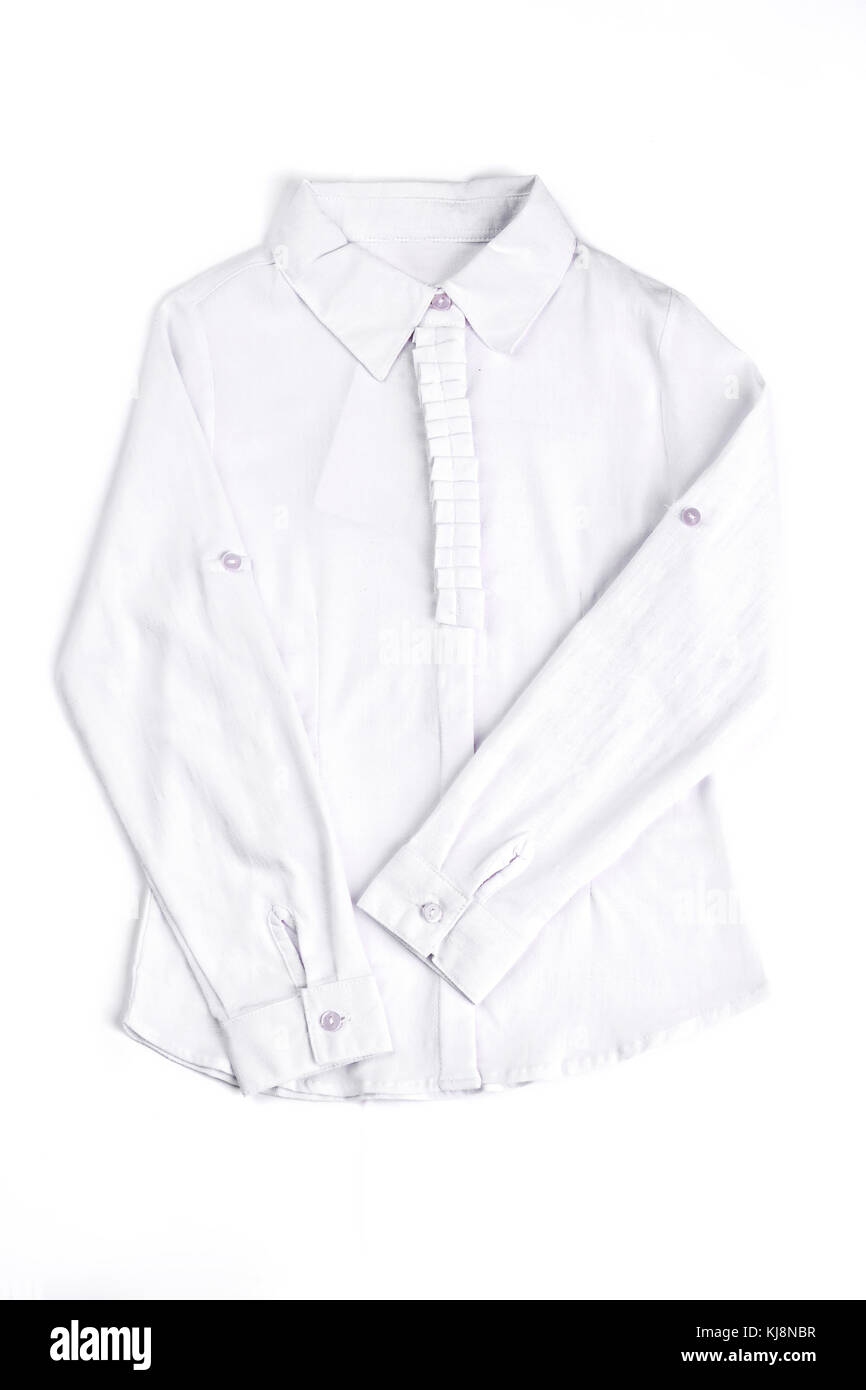 Neue Baumwolle weiße Mädchen Bluse. Mädchen weiß Langarm Shirt auf weißem Hintergrund. klassische Mädchen weiß blouseon Verkauf. Stockfoto