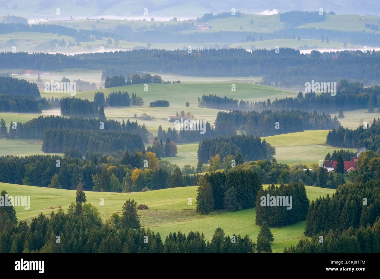 Morgennebel, hügelige Landschaft, Blick vom Auerberg, Bernbeuren, Pfaffenwinkel, Allgäu, Oberbayern, Bayern, Deutschland Stockfoto