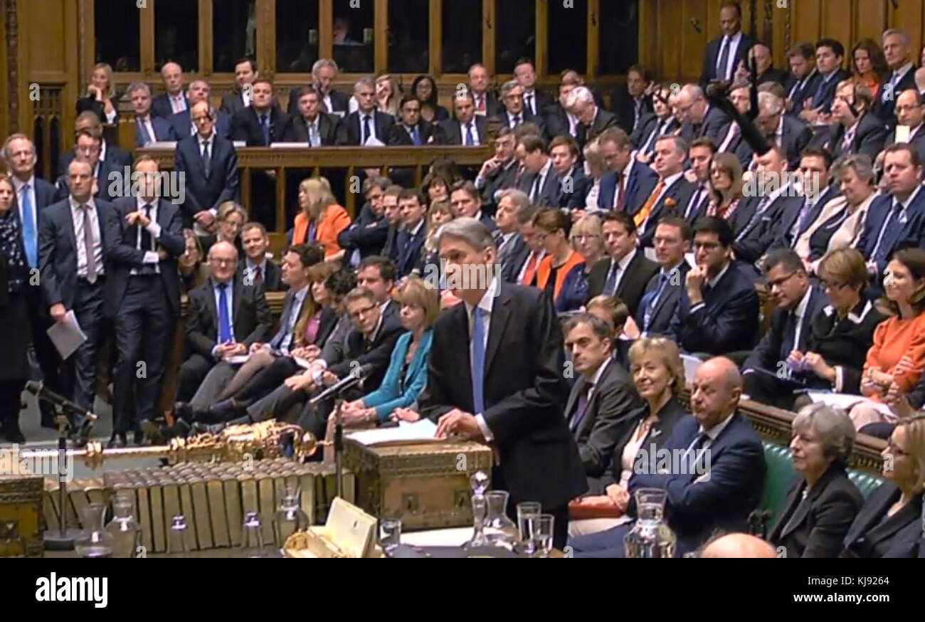 Bundeskanzler Philip Hammond liefert sein Budget im Londoner Unterhaus. Stockfoto