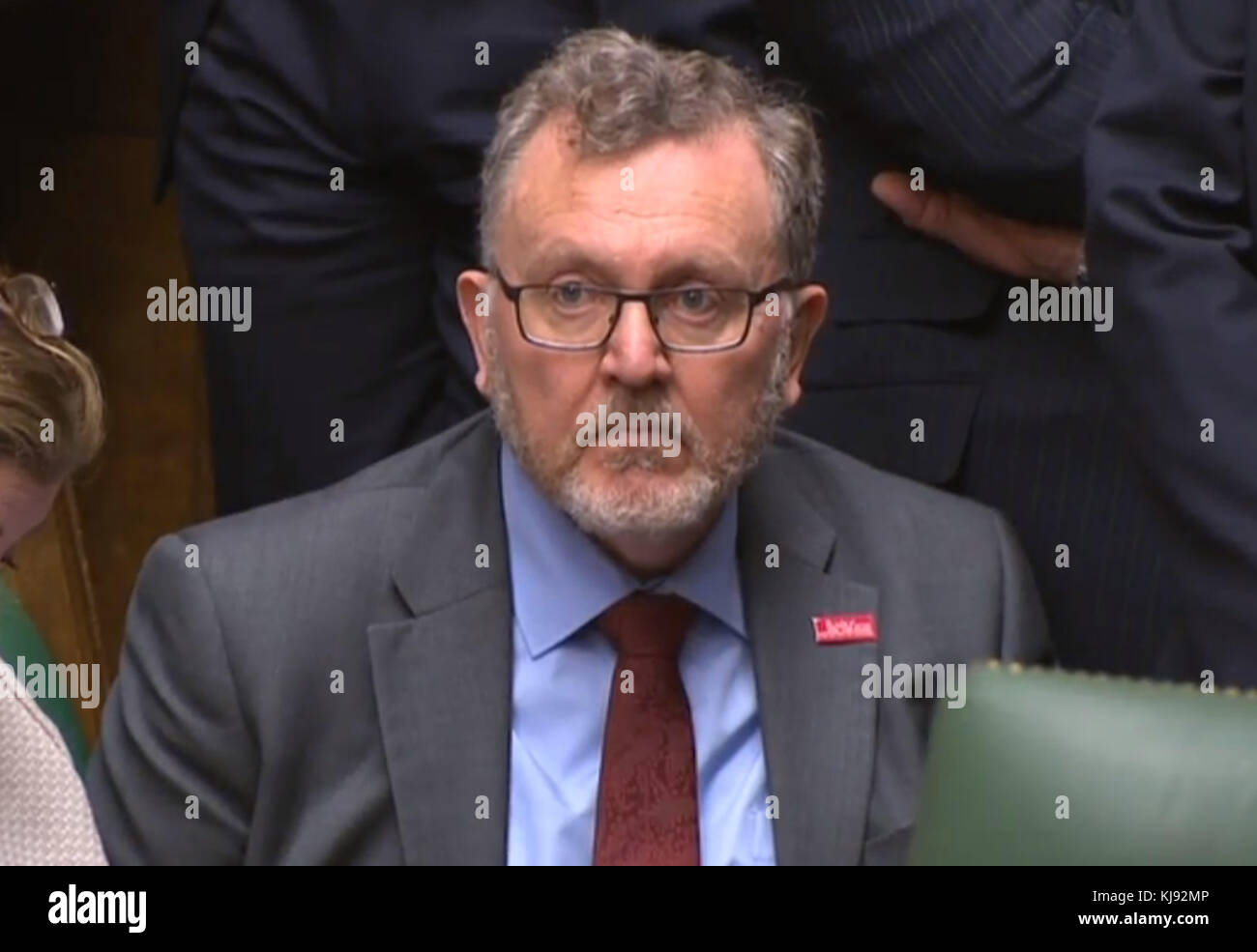 Der schottische Staatssekretär David Mundell hört sich an, wie Bundeskanzler Philip Hammond sein Budget im Londoner Unterhaus abgibt. Stockfoto