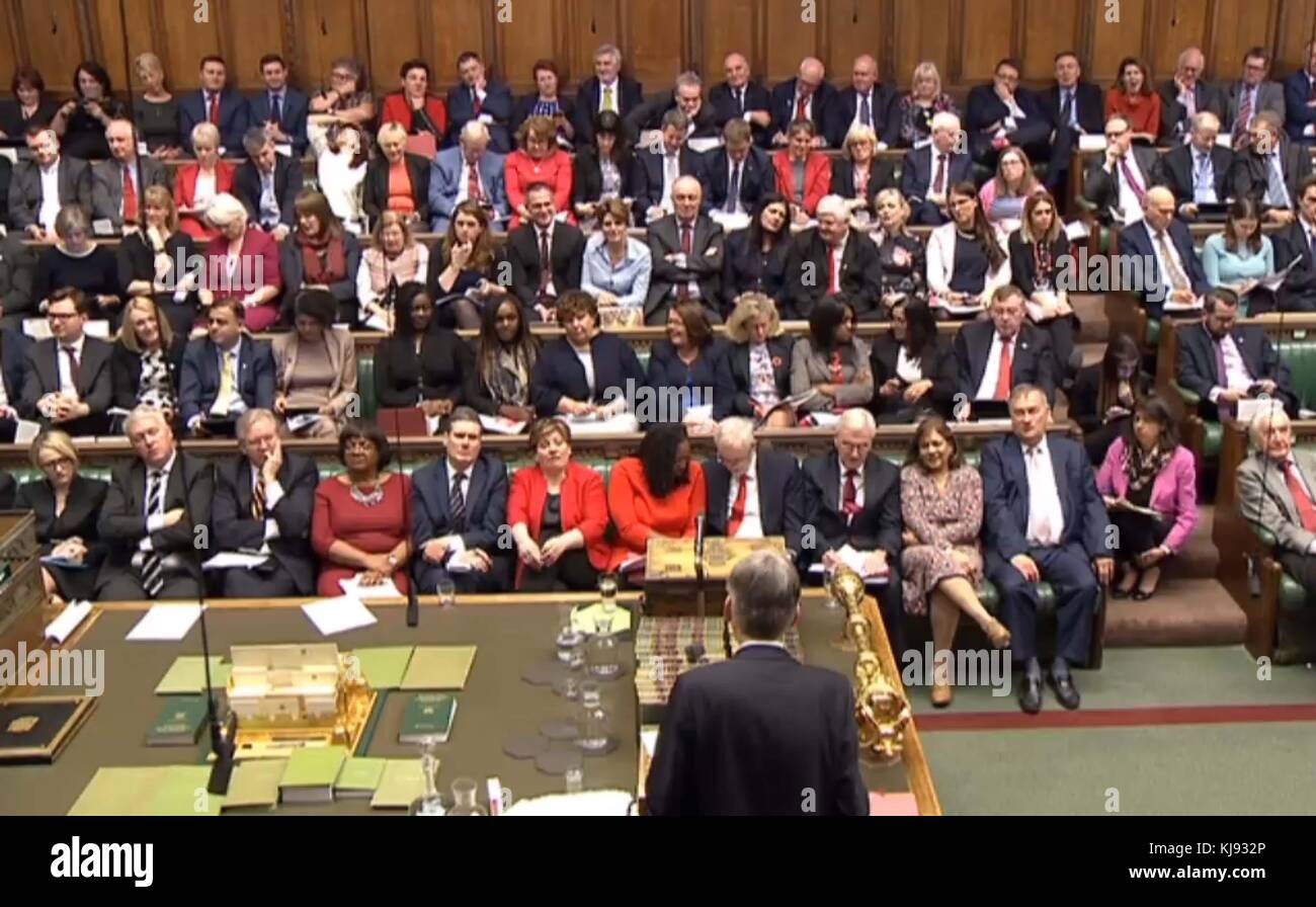 Bundeskanzler Philip Hammond liefert sein Budget im Londoner Unterhaus. Stockfoto