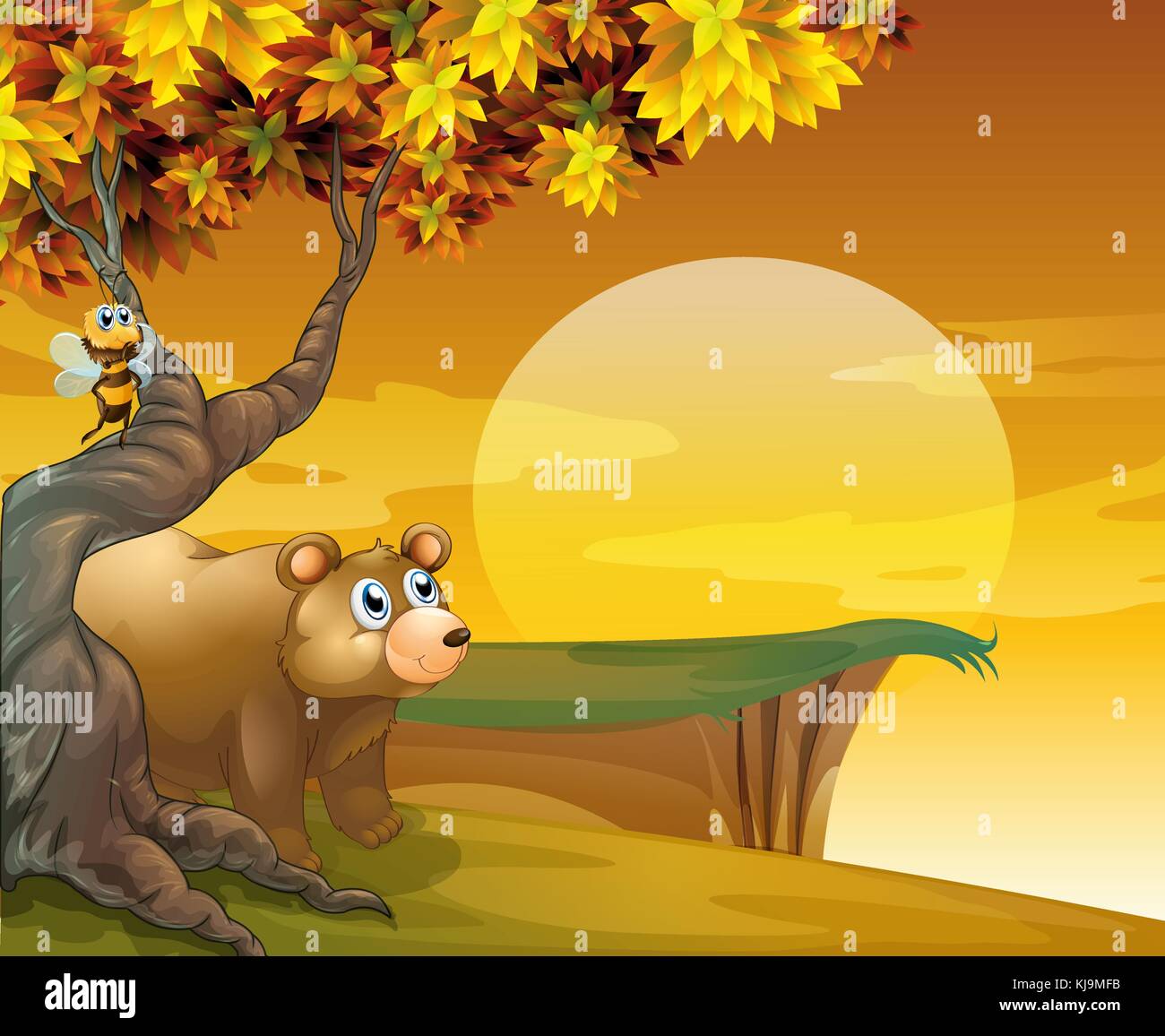 Abbildung: ein grosser brauner Bär den Sonnenuntergang Stock Vektor