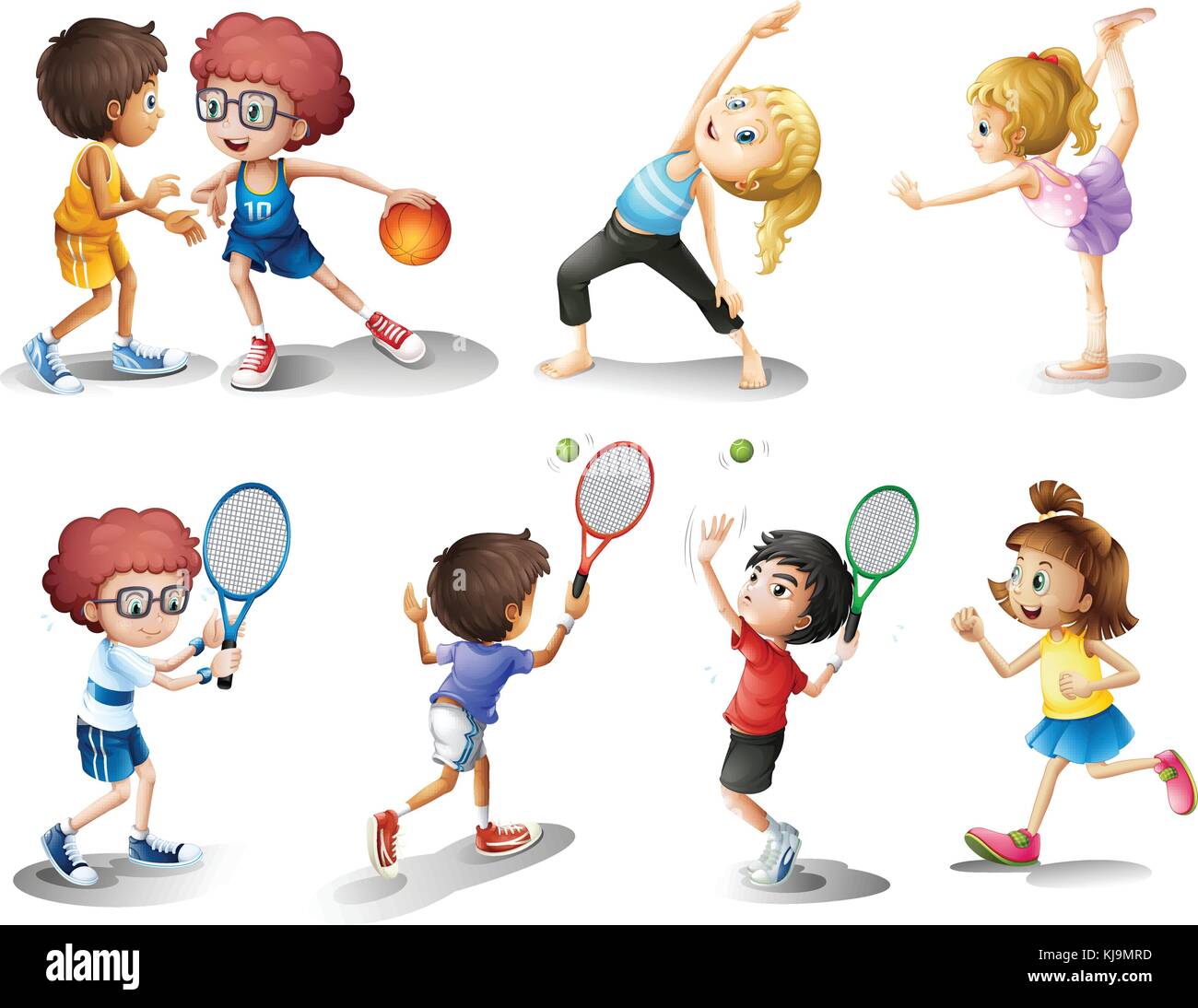 Abbildung: Kinder trainieren und spielen verschiedene Sportarten auf weißem Hintergrund Stock Vektor