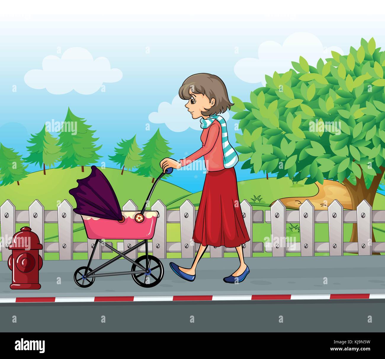 Abbildung: eine Dame mit einem roten Rock Schieben eines Kinderwagens Stock Vektor