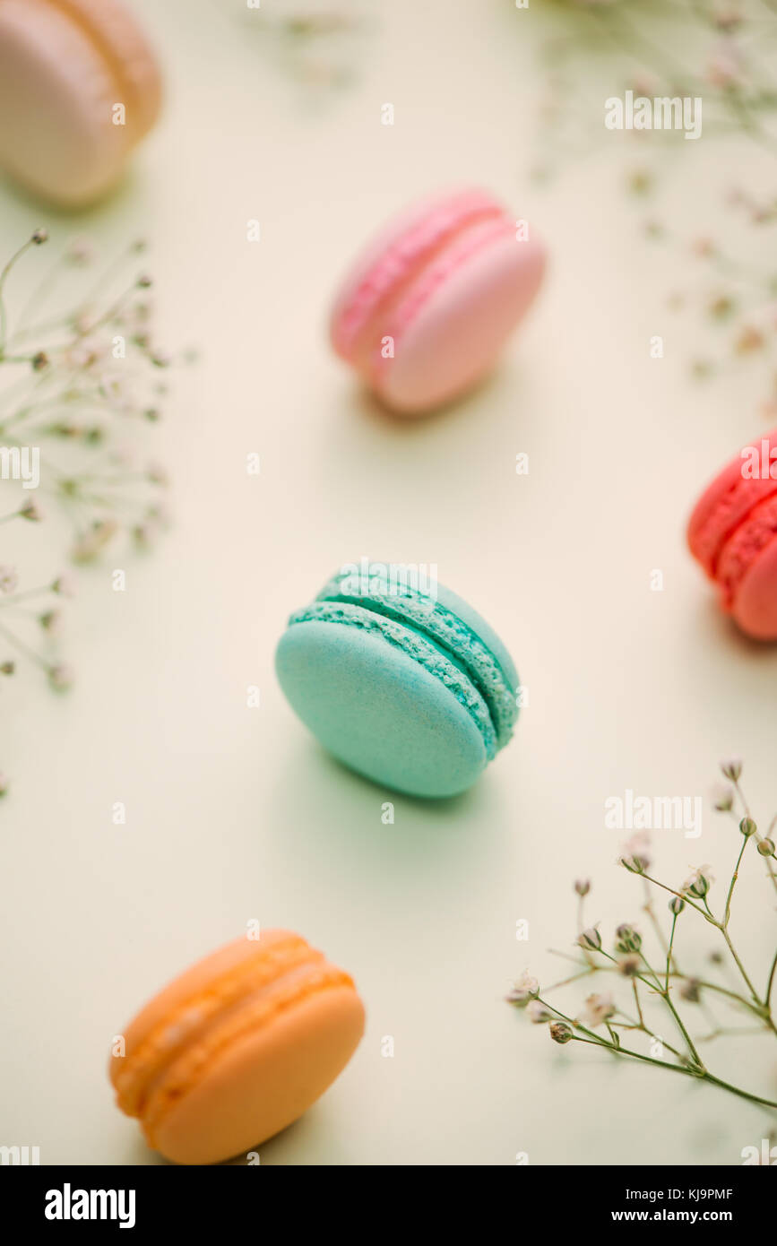 Morgen Kuchen Macaron und Blume gypsophila auf hellgrüner Hintergrund von oben. gemütliches Frühstück. Flacher Stil legen. Stockfoto