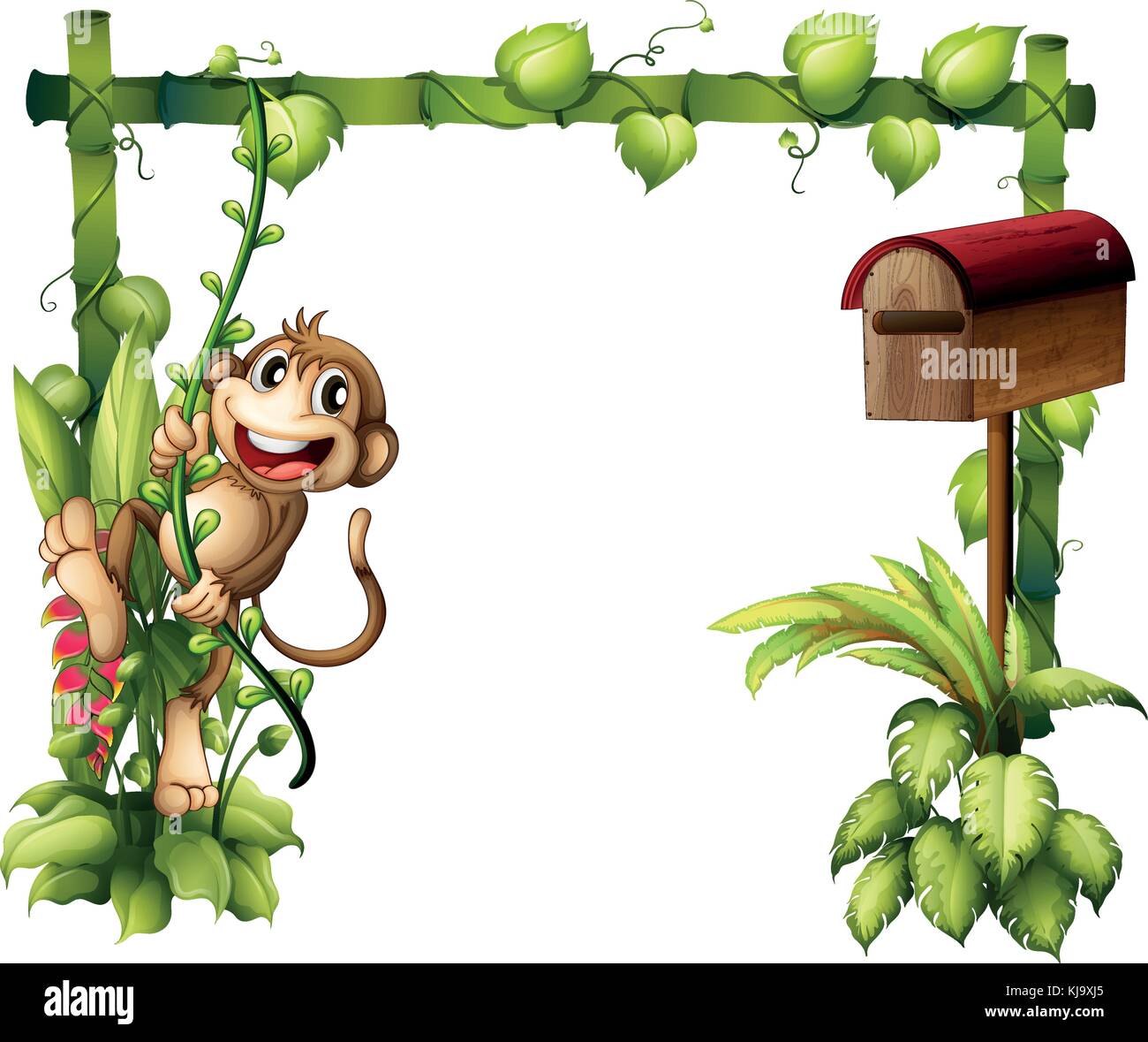 Abbildung: Ein Affe schwingen neben einem hölzernen Mailbox auf einem weißen Hintergrund Stock Vektor