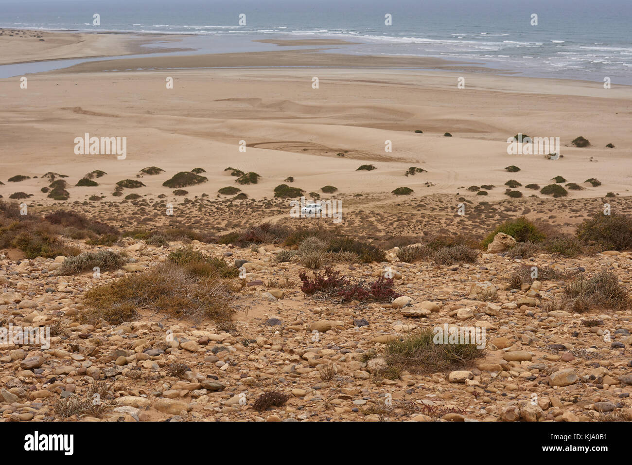 Ruhigen Blick über felsige Wüste Marokkos mit scrub Pflanzen im Vordergrund mit Fernsicht auf dem Auto auf der Piste mit Blick auf das Meer im Hintergrund Stockfoto