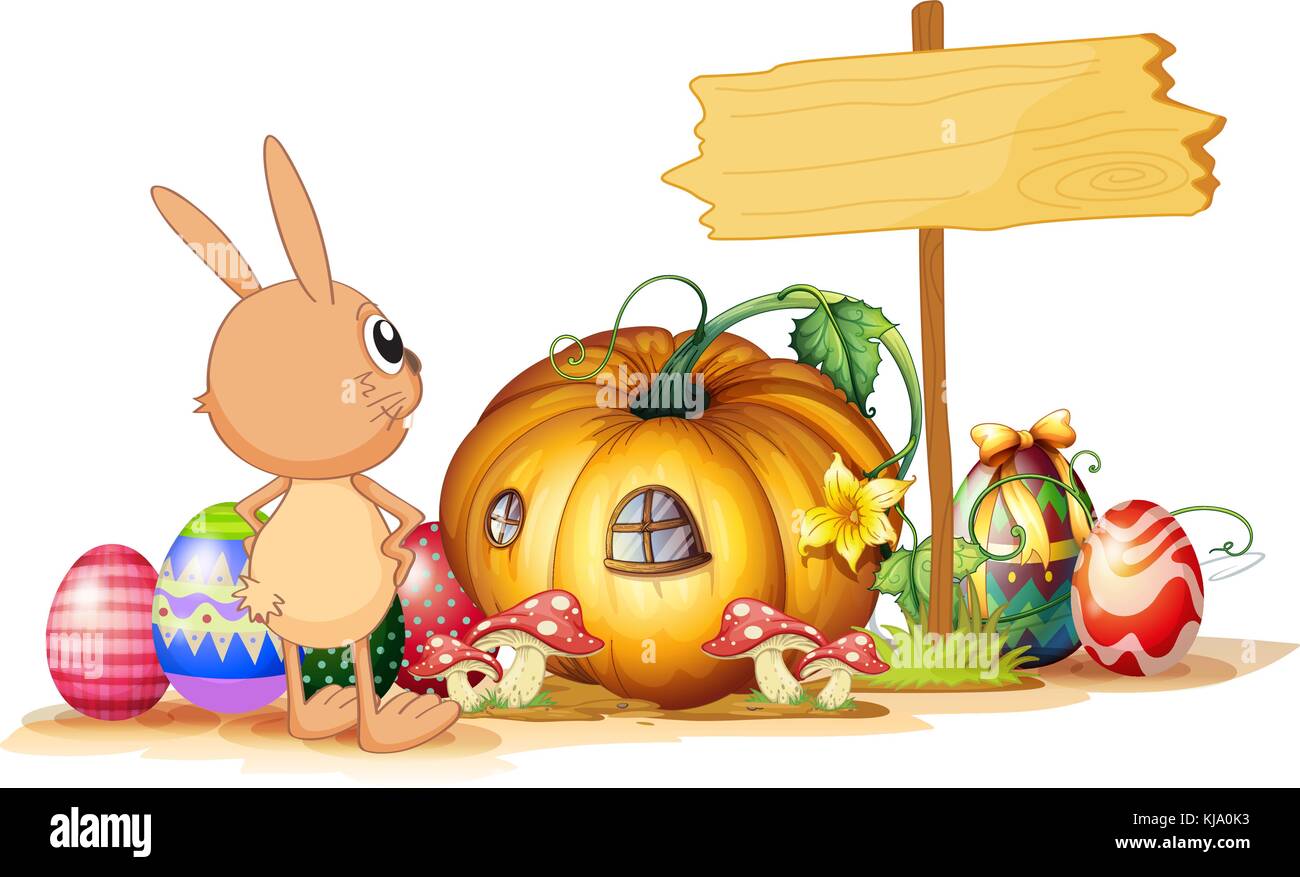 Abbildung: einen Hasen, Ostereier, ein Kürbis und ein leeres Namensschild auf weißem Hintergrund Stock Vektor