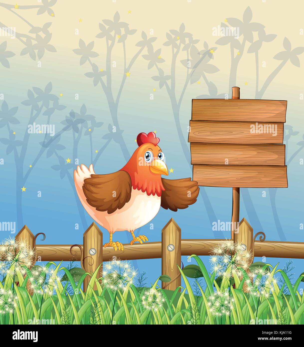 Abbildung: ein Huhn in der Nähe von einem Namensschild an der Wälder Stock Vektor