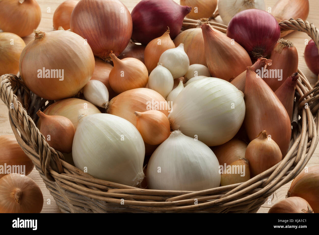Vielfalt der frischen, rohen Zwiebeln in einem Korb Stockfoto