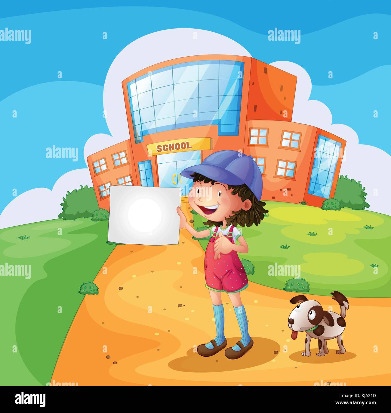 Abbildung: ein Kind mit einem Stück Papier vor der Schule Stock Vektor