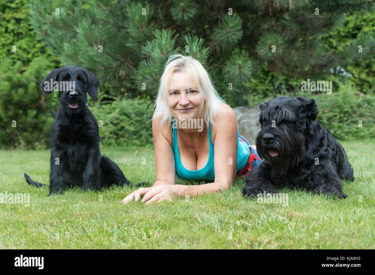 Lächelnde blonde Frau liegt zwischen Welpe und erwachsener Hund von riesigen Schwarzen Schnauzer Hund auf der Liegewiese im Garten. Stockfoto