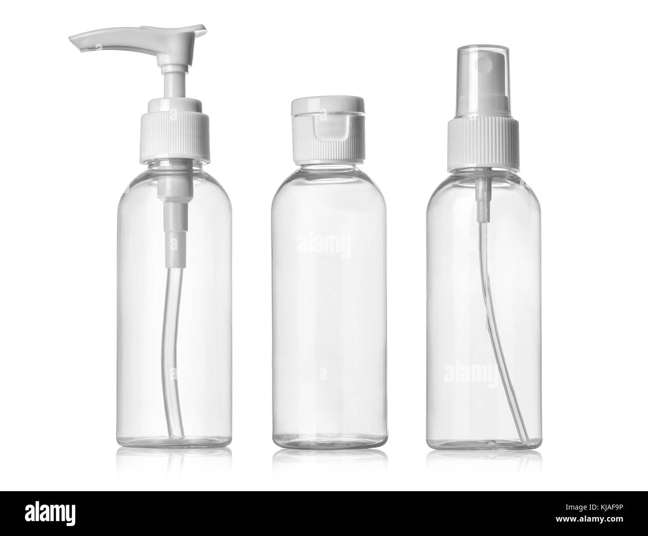Kunststoff sauber drei leere Flaschen mit Dispenser Pumpe auf weißem Hintergrund Stockfoto