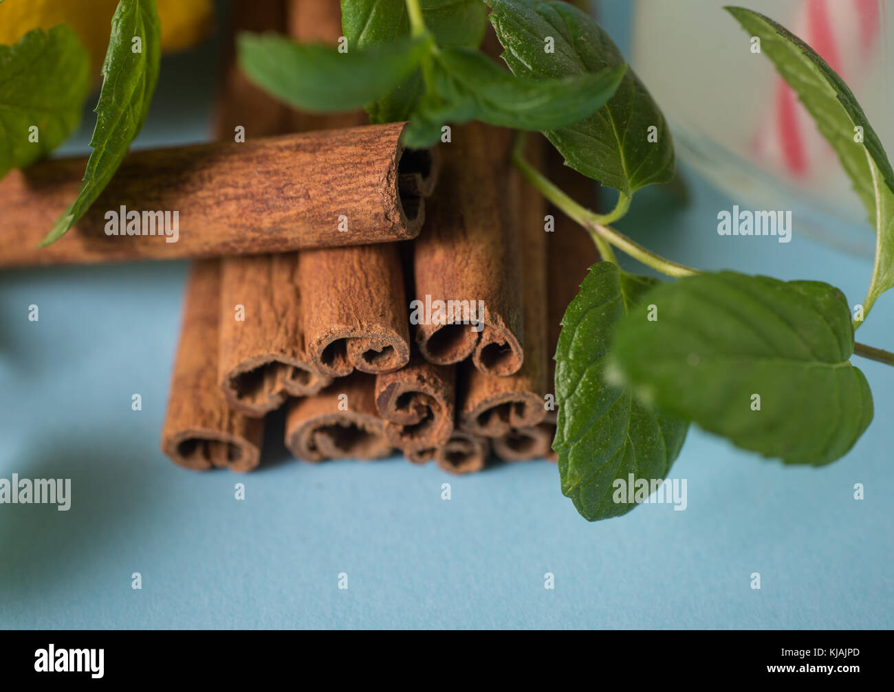 Sticks von Zimt mit Minzeblättchen Stockfoto