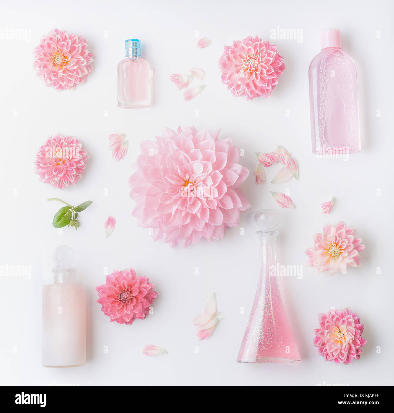 Pastellrosa Naturkosmetik Einstellung, flach mit schönen Blumen, Ansicht von oben legen. Schönheit, florale Duft und Hautpflege Stockfoto