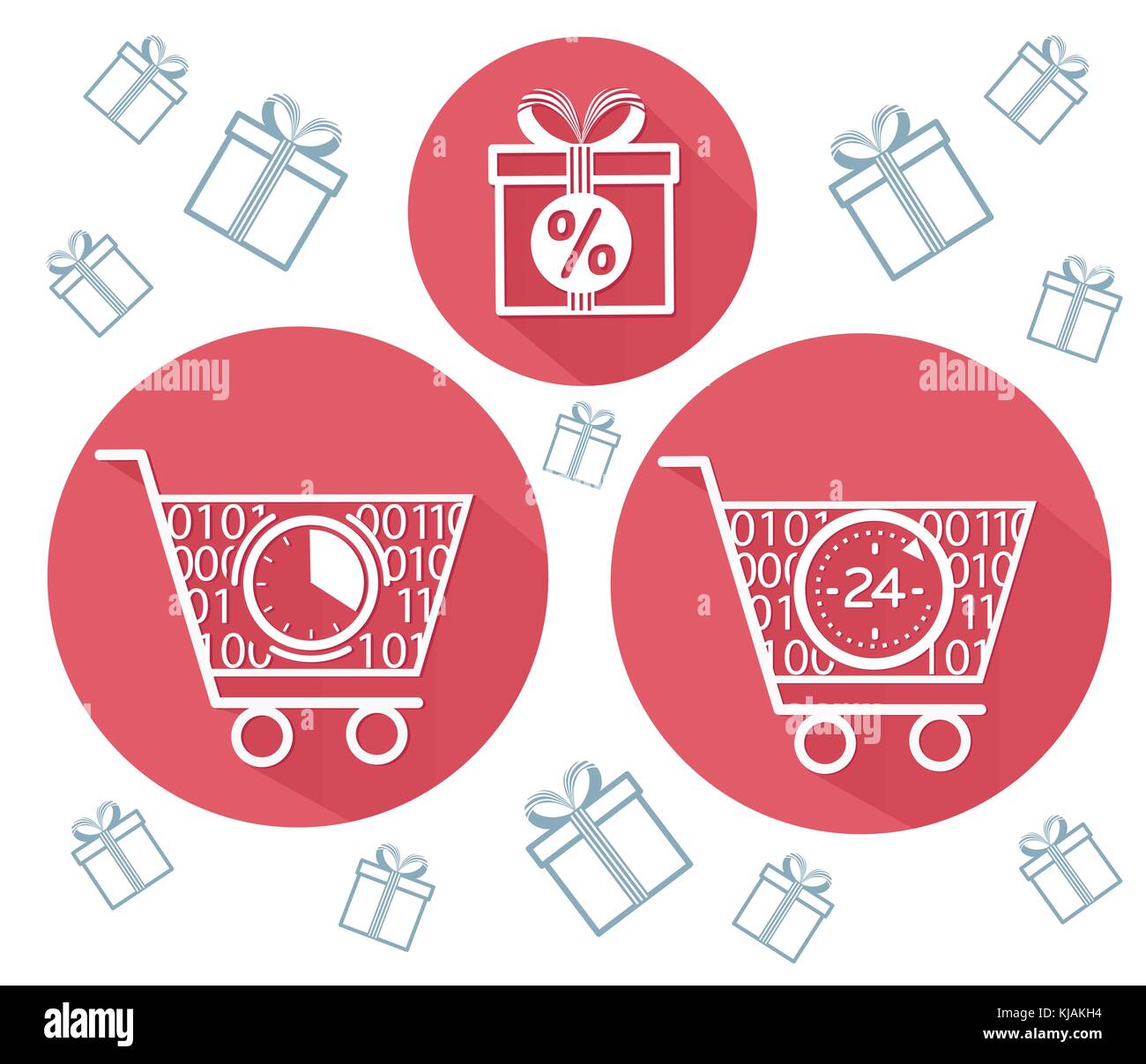 Symbole von Shopping Carts und Shopping, Geschenke in einem flachen Stil. Das Konzept Verkauf im Laden 24 Stunden Stock Vektor