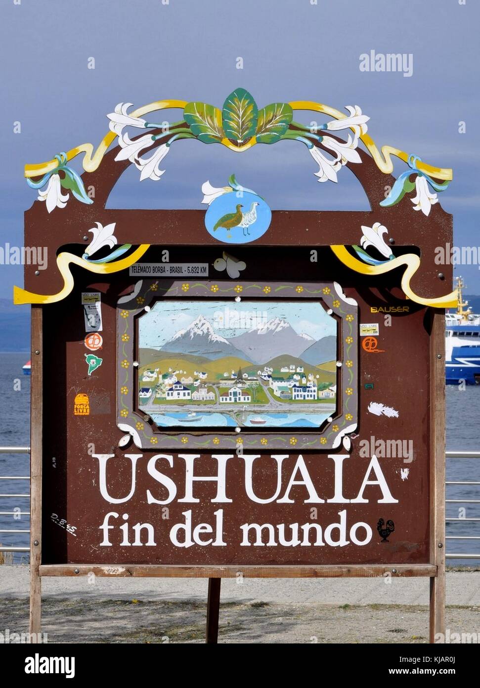Ushuaia "Fin del mundo" (Ende der Welt) Stadt Crest Stockfoto