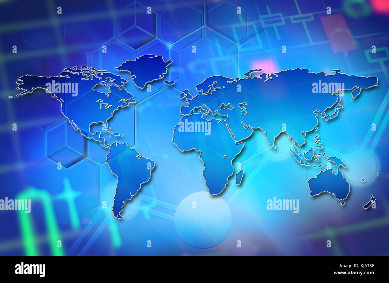 Wirtschaft, Unternehmen, finanziellen Hintergrund. Wirtschaft Konzept Tapeten, globale Karte im Hintergrund der Börse chart und Daten. Blauer Hintergrund für Nachrichten. Stockfoto