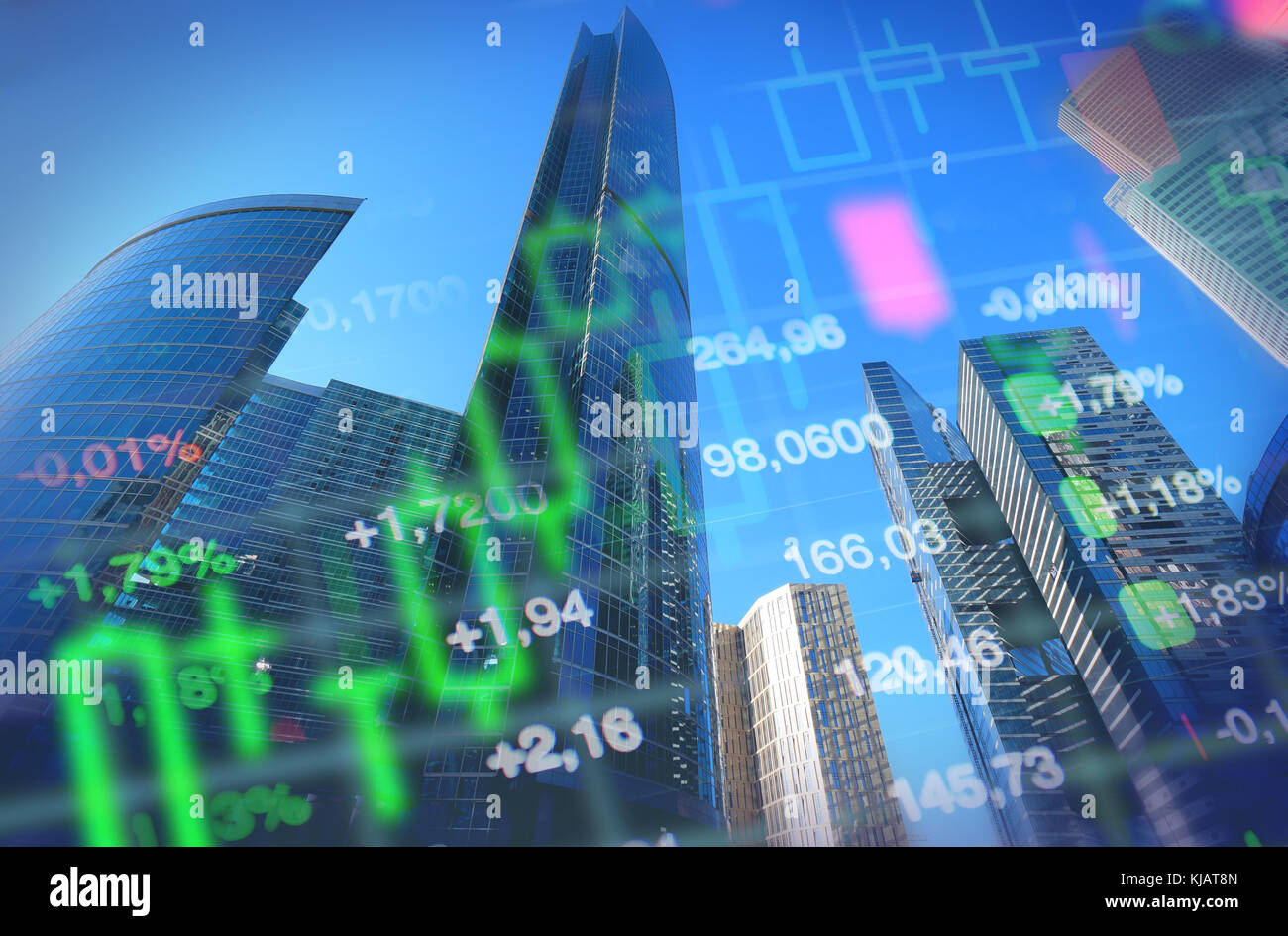 Wirtschaft, Unternehmen, finanziellen Hintergrund. Wirtschaft Konzept Collage, Bürogebäuden und Wolkenkratzer im Hintergrund, Börse Charts und Daten. Stockfoto