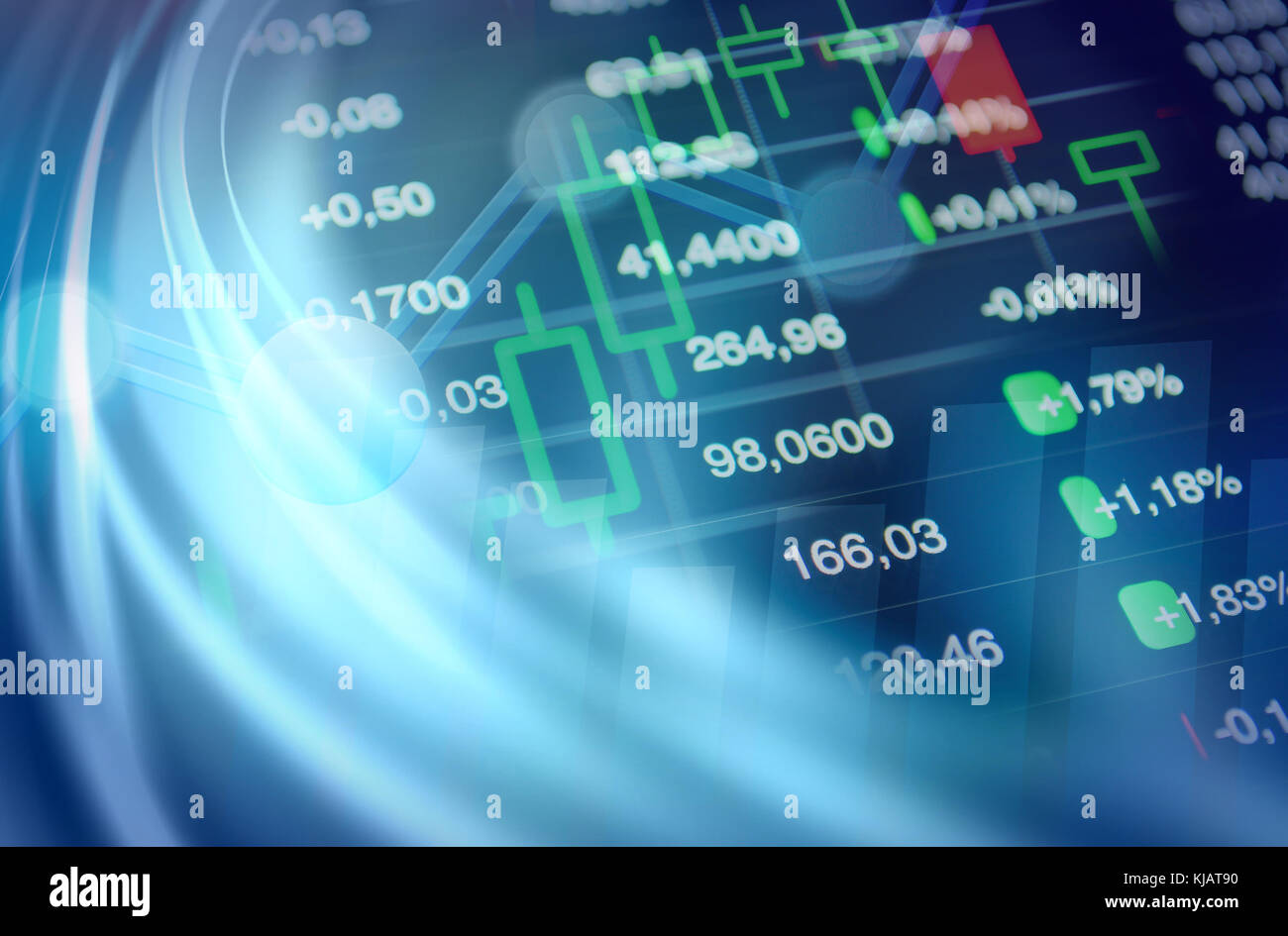 Wirtschaft Hintergrund, Geschäft, Finanzen, Wirtschaft Konzept. Wirtschaft Collage: Börse chart, finanzielle Daten auf blauem Hintergrund. Stockfoto