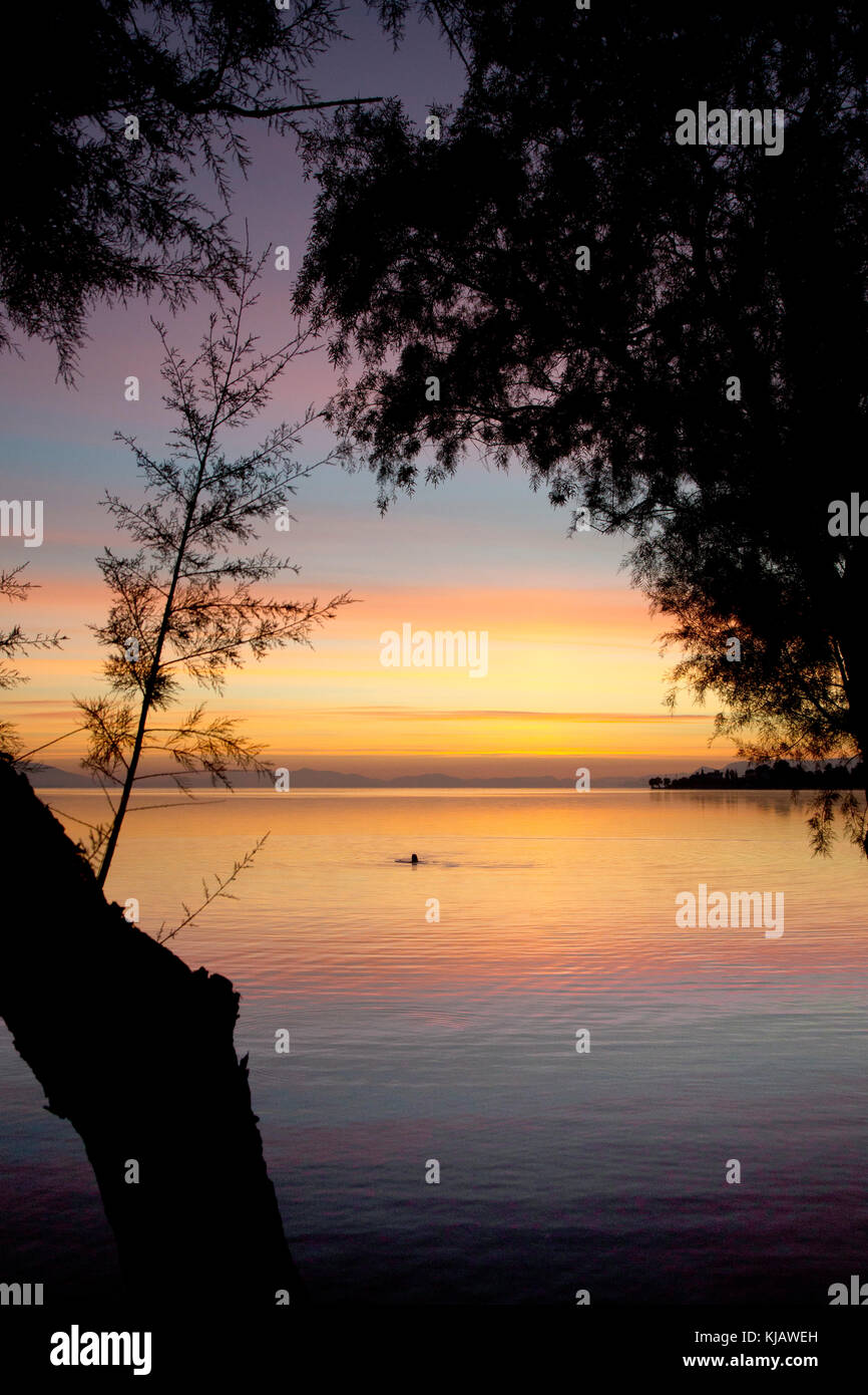 Das ruhige Meer spiegelt das helle orange Dämmerung Himmel und plätschert der fernen, silhouetted Kopf eines einsamen Schwimmer umgeben. Stockfoto
