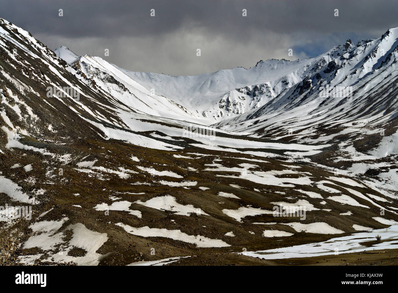 Die schräge glatt Hängen der Hügel sind mit Schnee Streifen bedeckt, in der Ferne ein gebirgsgletscher, den Himalaya. Stockfoto