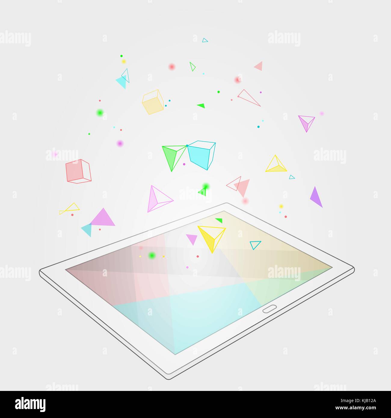 Ebook tablet pc Virtuelle Realität visuelle Phantasie verstand Wirkung. Low Poly polygonalen geometrische Formen. Kreative e-learning Lesung am elektronischen Touchscreen weißer Medien Vector Illustration Stock Vektor