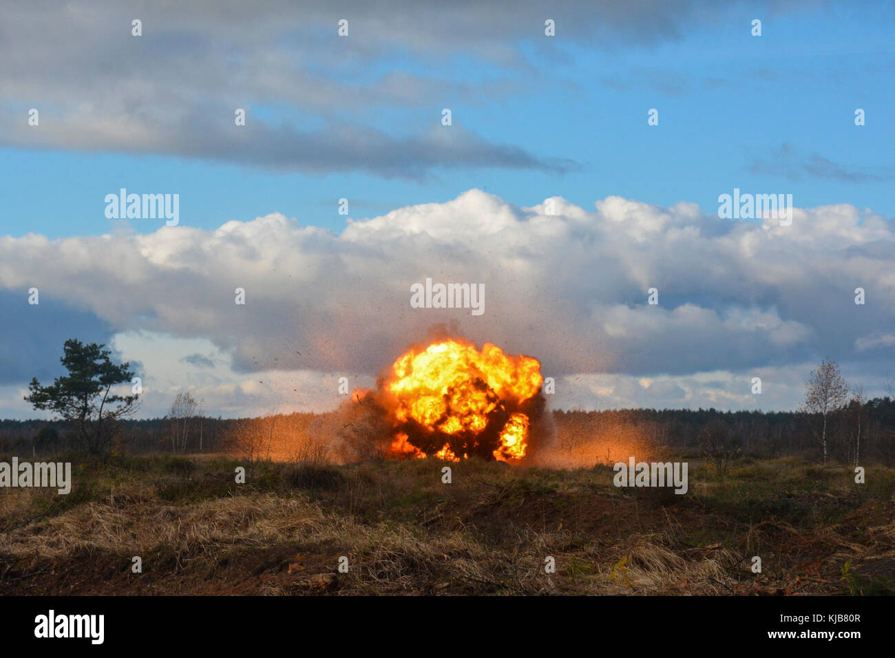 3 Platoon, Alpha Truppe, Regimental Ingenieur Squadron, 2d-Cavalry Regiment gegen ein Hindernis mit C-4 und Bangalore Torpedos bei abgebautem Hindernis Verletzung Ausbildung bei Wyreby, Bemowo Piskie, Polen, Nov. 14, 2017. Stockfoto