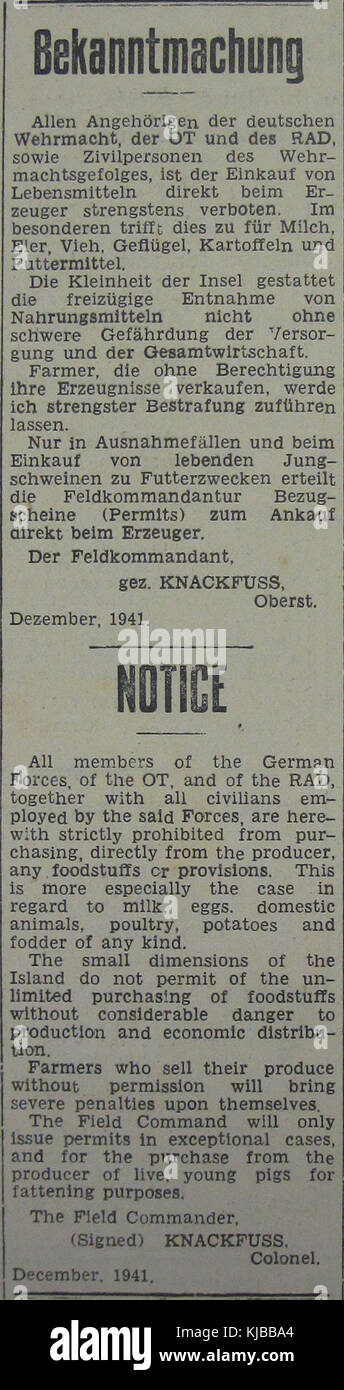 Report Lebensmittel 1941 Jersey Stockfoto