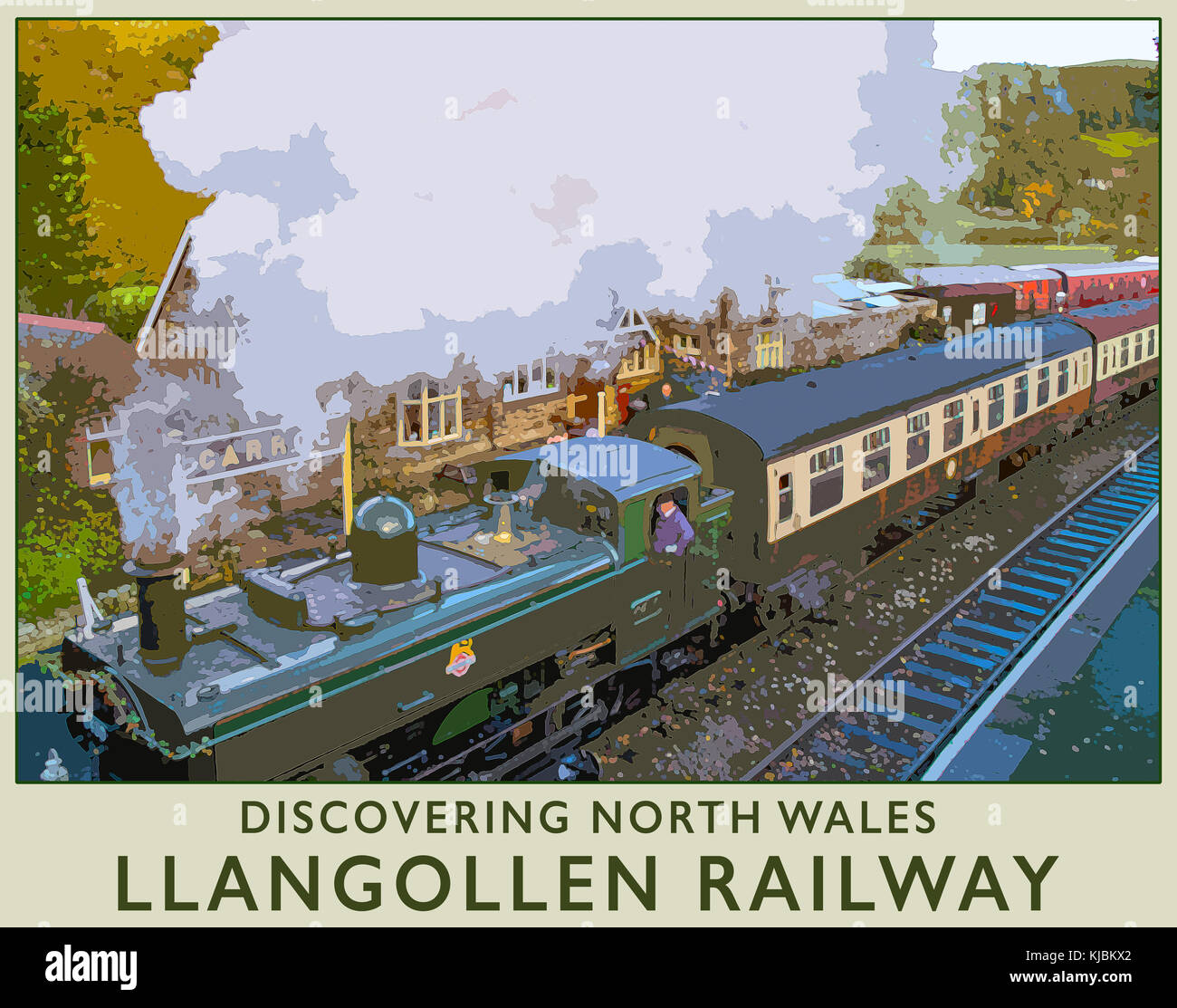 Ein Poster style Interpretation der Llangollen Railway an Carrog Bahnhof von Llangollen, North Wales, UK Stockfoto