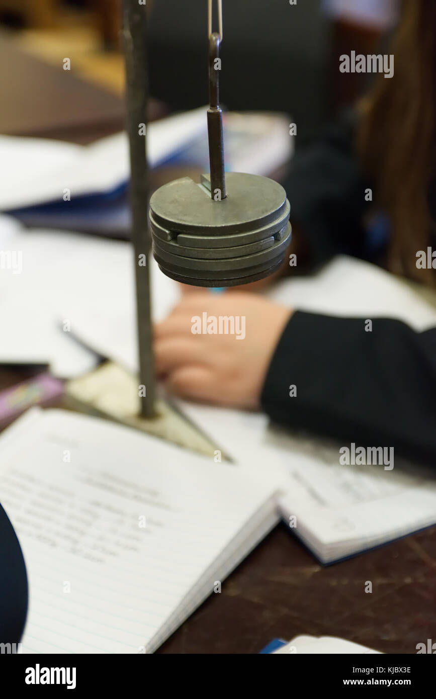 Schule Wissenschaft Kategorie mit der Aufnahme der Schüler Ergebnisse im Notebook Gewichte Massen für die hooke Gesetz experiment Stockfoto