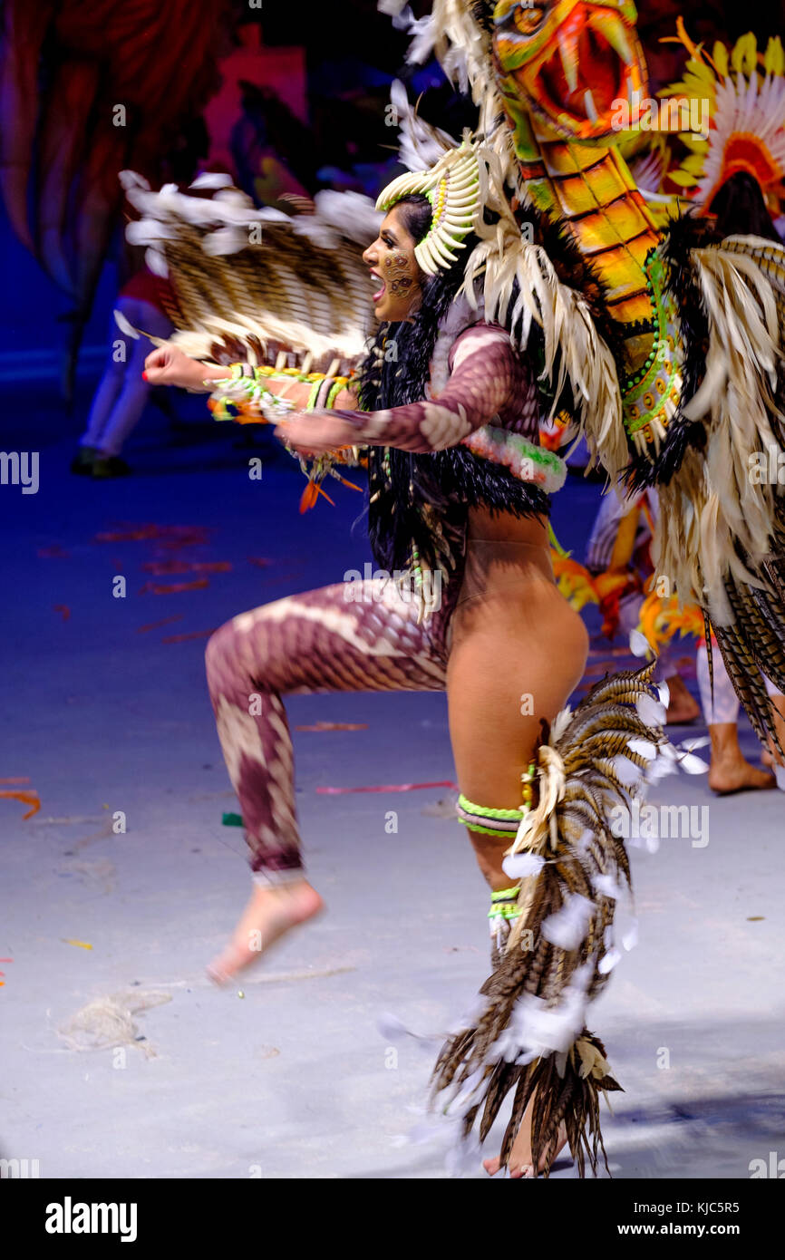Kostümierte Tänzerin beim Boi Bumba Festival in Parintins, Amazonas Staat, Brasilien, Südamerika Stockfoto